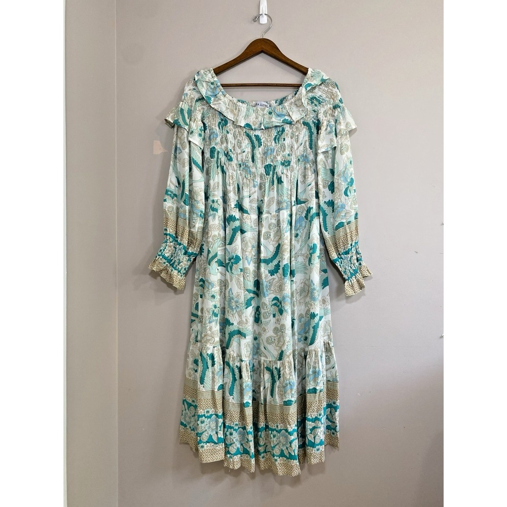 Sea Lustre Dress NWOT Women M/L Blue Green Floral Bird Print Ruffle Smocked Midi